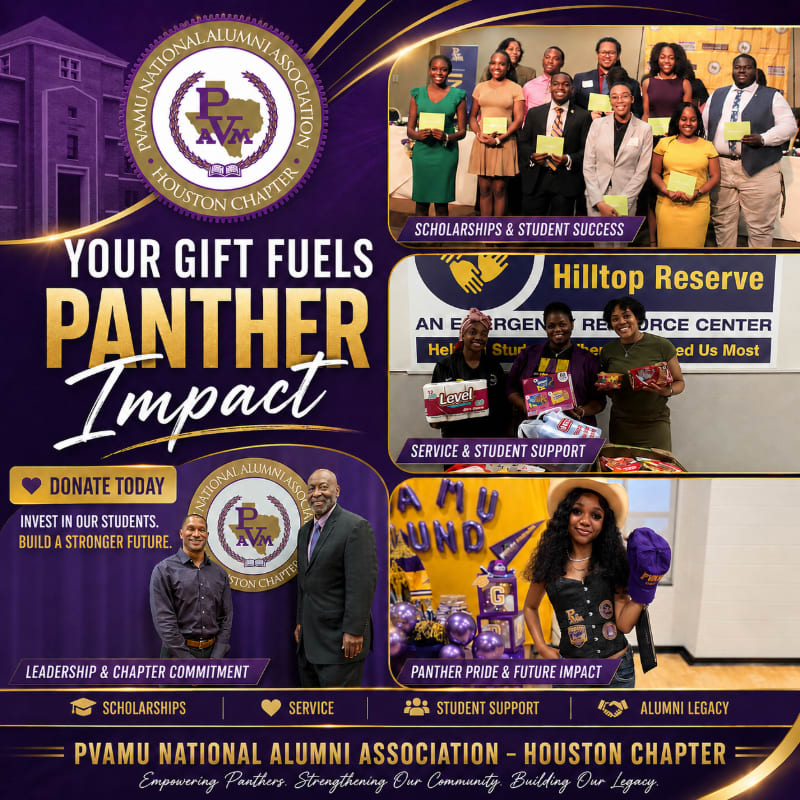 A group of smiling people in formal attire are featured in the background, while the foreground displays text about donations and student support.