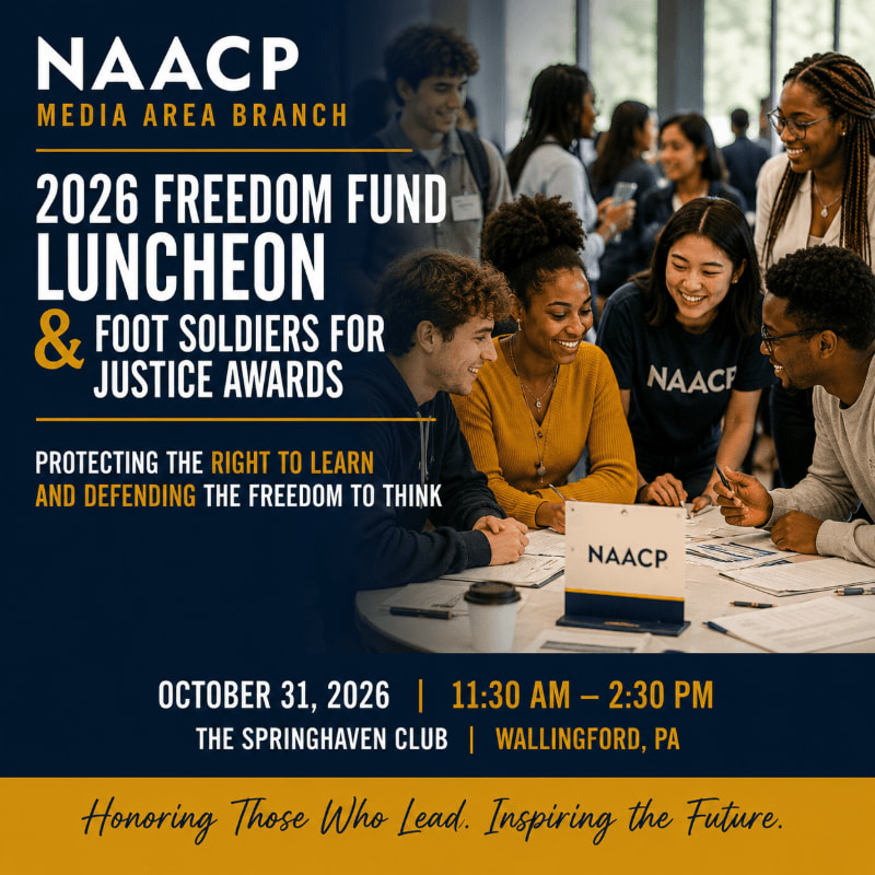 A group of young people are gathered around a table in the foreground, while a blurred background shows more attendees at an NAACP event.
