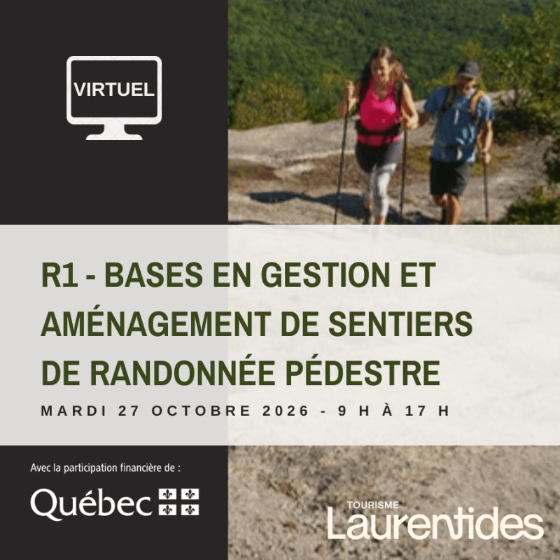 A virtual event about hiking trail management is advertised with a background image of two hikers on a rocky trail.