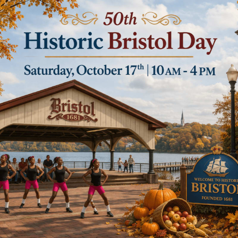 Four young women in athletic wear perform in front of a covered pavilion with a "Bristol 1681" sign, while a basket of autumn produce sits in the foreground and a townscape with a church spire is visible in the background.