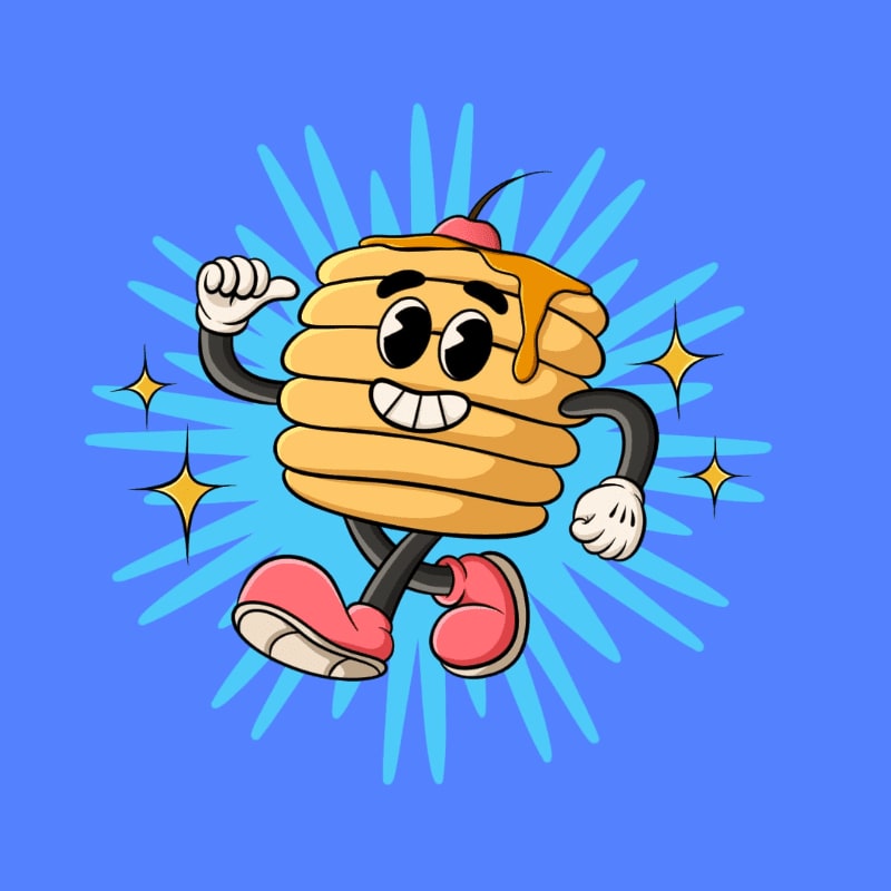 A cartoon stack of pancakes with a cherry on top, wearing shoes and gloves, dances in front of a blue starburst background with sparkling stars.