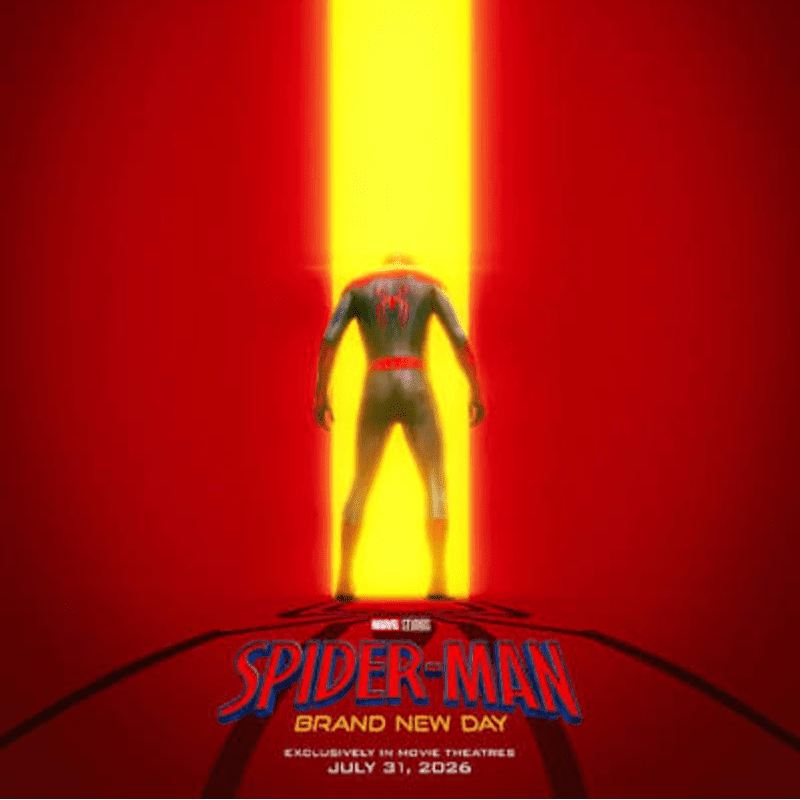 A figure in a red and gray suit stands in a bright yellow beam of light against a vibrant red background, with the "Spider-Man: Brand New Day" title and release date at the bottom.