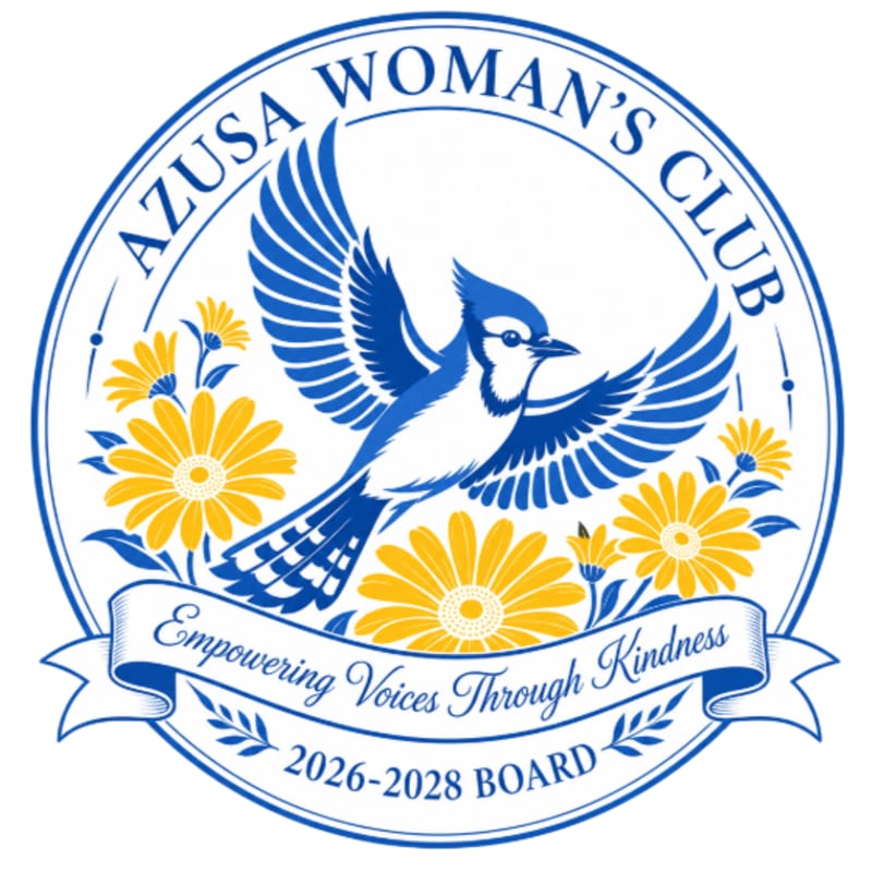 A blue jay with outstretched wings flies above yellow daisies, with the text "AZUSA WOMAN'S CLUB" encircling the top and a banner with "Empowering Voices Through Kindness" and "2026-2028 BOARD" below.