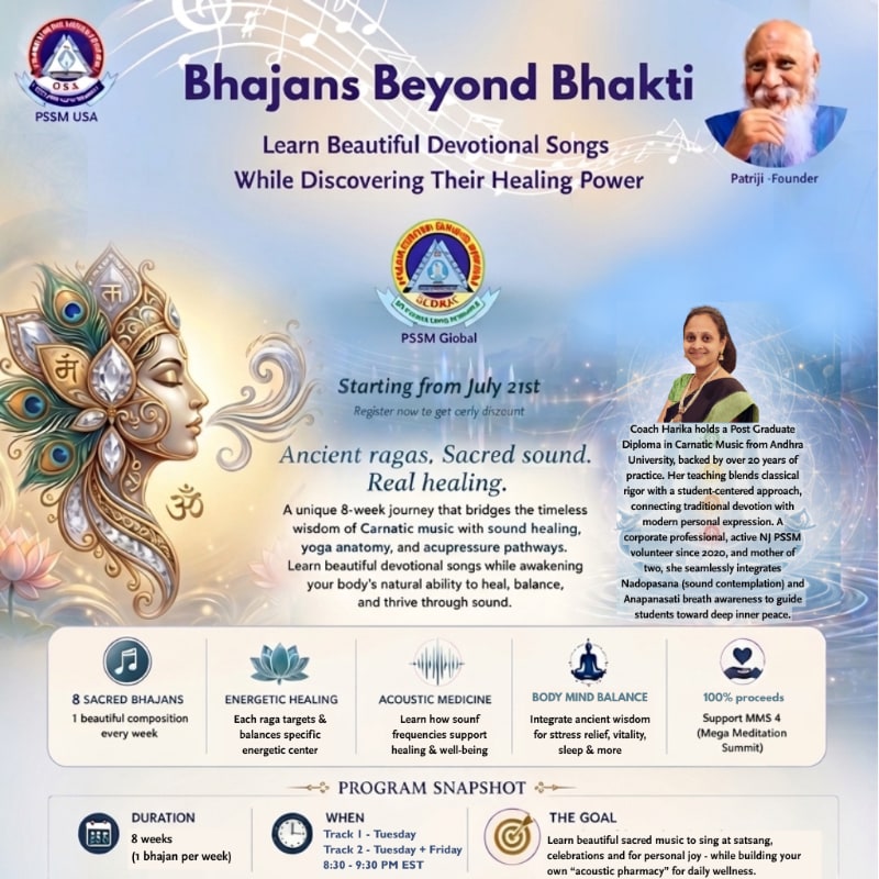 A vibrant poster advertises "Bhajans Beyond Bhakti," featuring a divine feminine figure in the foreground and smiling portraits of the founder and a coach in the background.