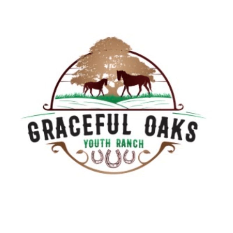 Two horses stand beneath a large oak tree in the background, with the words "GRACEFUL OAKS YOUTH RANCH" and horseshoes in the foreground.