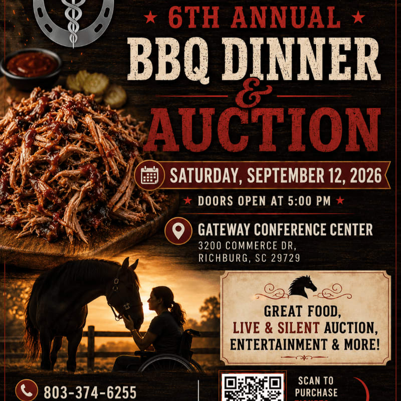 A pile of pulled pork sits in the foreground next to a horse and a person in a wheelchair, with event details for a BBQ dinner and auction filling the background.
