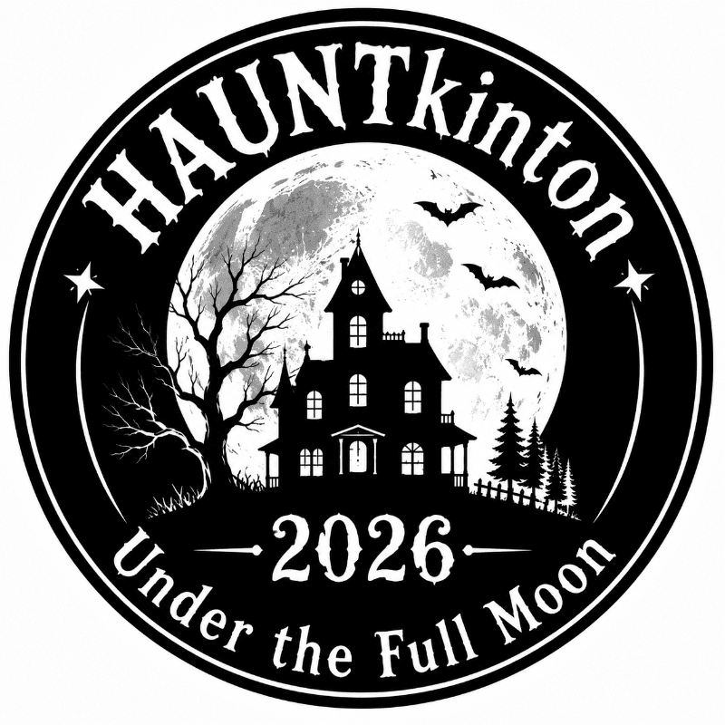 A spooky haunted house with a full moon and bats in the background is framed by the text "HAUNTkinton 2026 Under the Full Moon" in the foreground.