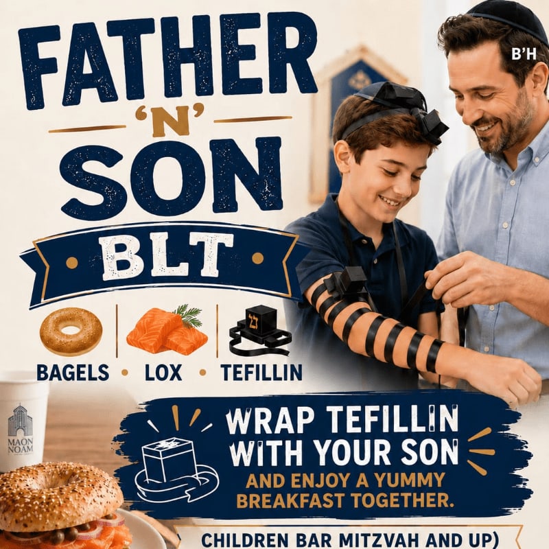 A father and son, both wearing tefillin, smile as they prepare for a Father-N-Son BLT breakfast featuring bagels, lox, and tefillin.
