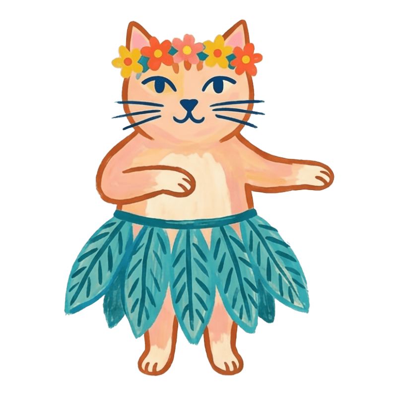 A cartoon cat wearing a flower crown and a grass skirt dances against a white background.
