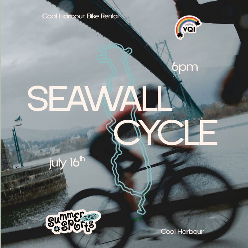 A blurred cyclist rides along a seawall in front of a bridge and a city skyline under a cloudy sky.