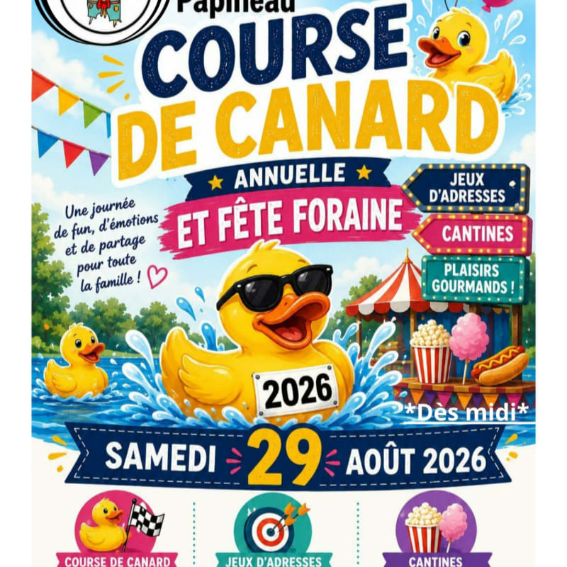 A large, sunglasses-wearing rubber duck with "2026" on its chest swims in the foreground, while a colorful fair with food stalls and games is visible in the background.
