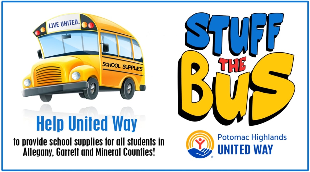 A yellow school bus with "SCHOOL SUPPLIES" written on its side is in the foreground, next to the "STUFF THE BUS" logo, with the United Way logo and text about providing school supplies in the background.