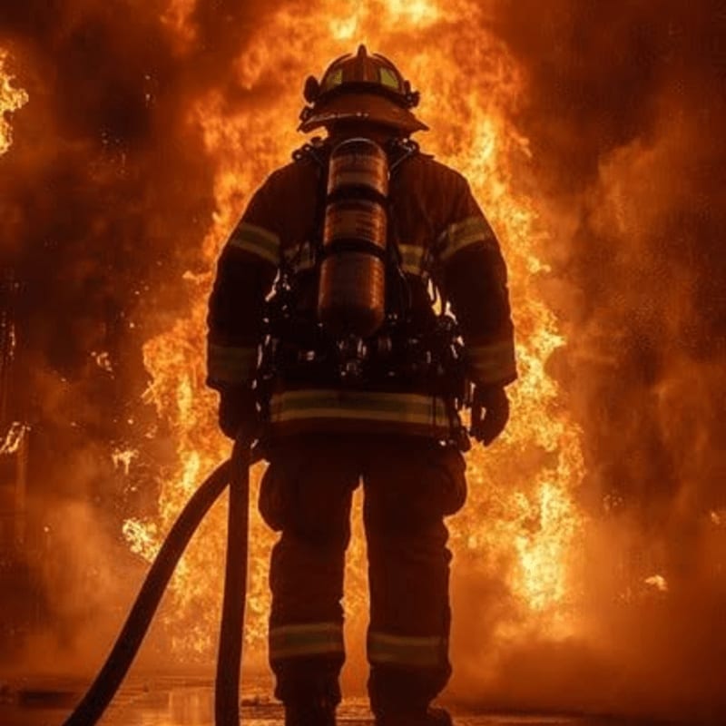 A firefighter in full gear stands with a hose in the foreground, facing a wall of intense flames in the background.