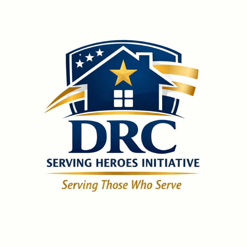 A blue shield with a house, stars, and a golden star sits above the text "DRC SERVING HEROES INITIATIVE" and "Serving Those Who Serve" on a white background.