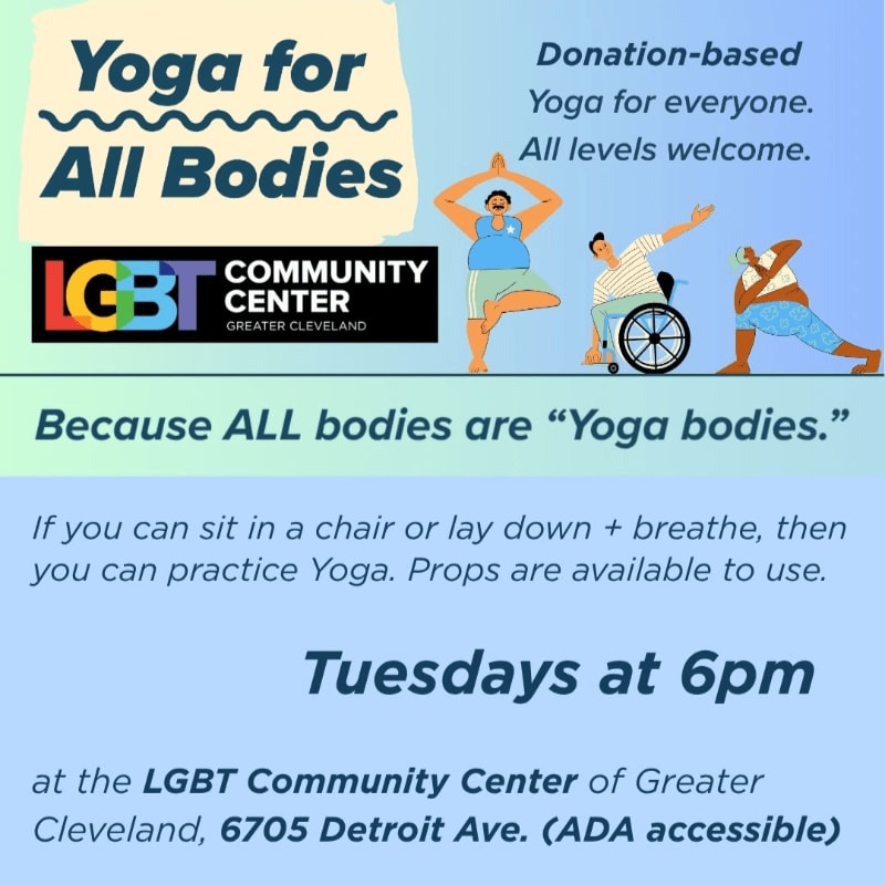 Colorful illustrations of diverse people doing yoga are featured on a light blue background with text announcing donation-based yoga classes for all bodies at the LGBT Community Center of Greater Cleveland.