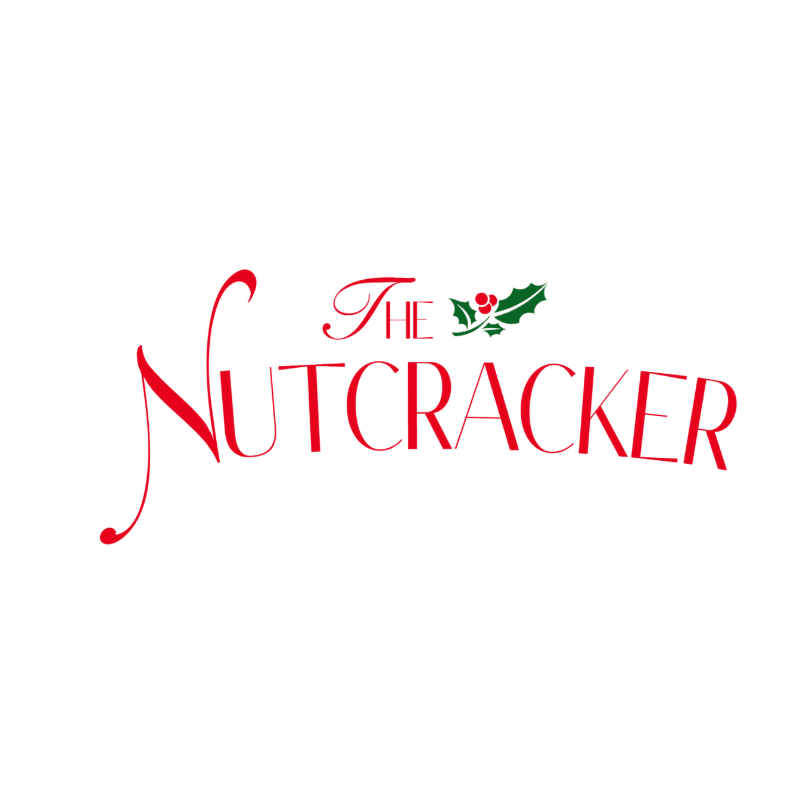 Red and green text spelling "The Nutcracker" with a holly sprig sits on a plain white background.