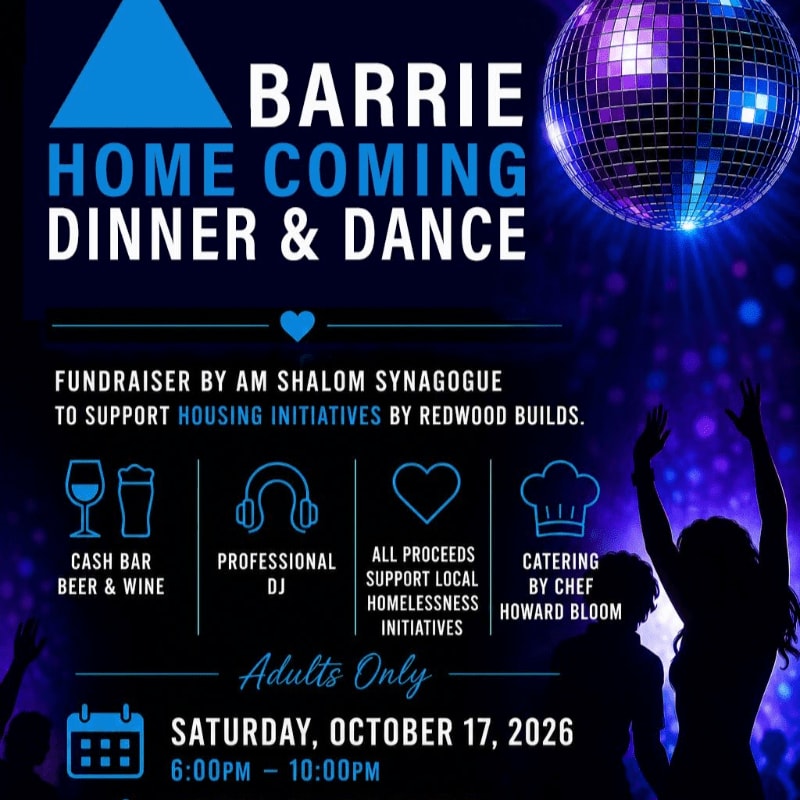 A blue and purple disco ball hangs above silhouetted dancers at a Barrie Homecoming Dinner & Dance fundraiser.