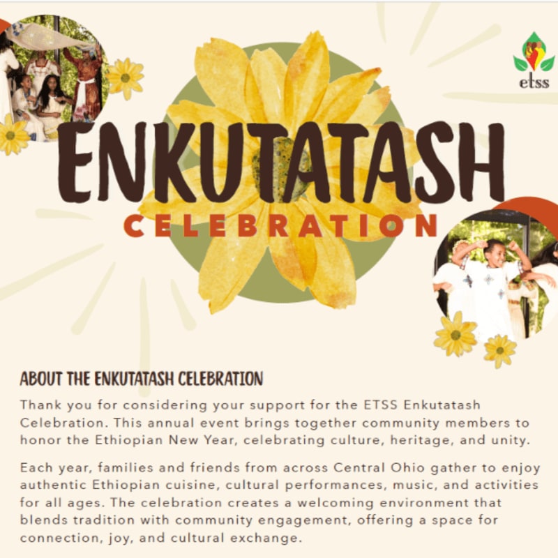 A large sunflower graphic with "ENKUTATASH CELEBRATION" text dominates the center, with images of people celebrating in the background and a descriptive text box in the foreground.