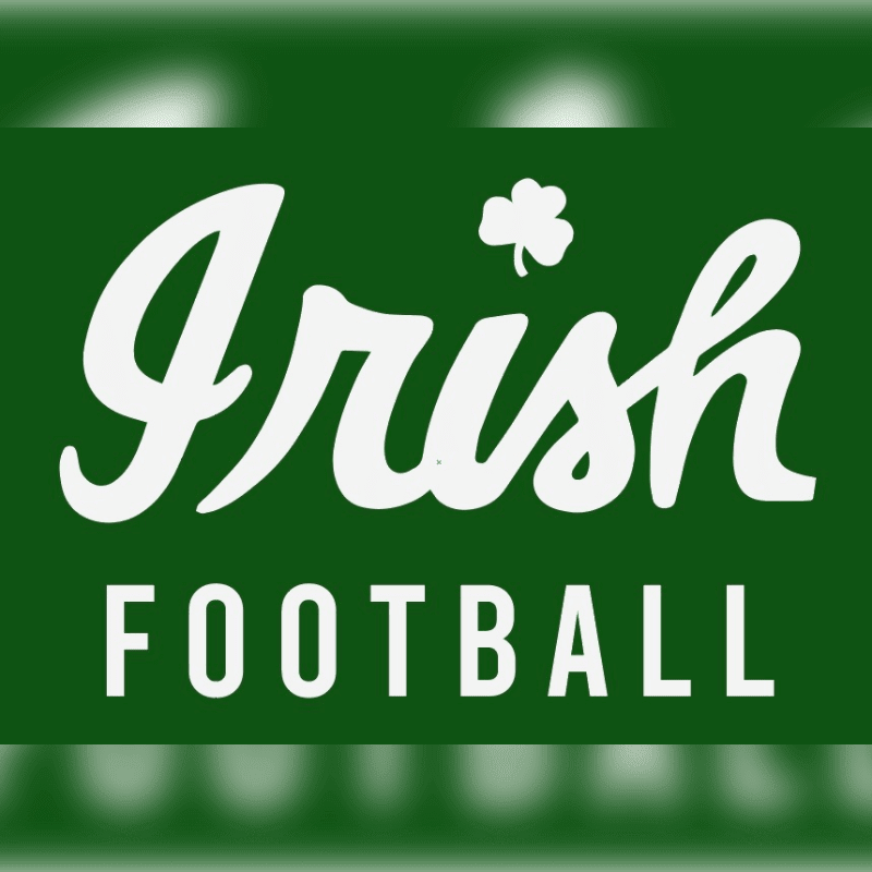 White text reading "Irish FOOTBALL" with a shamrock above the "i" is centered on a dark green background with a lighter green blurred pattern.