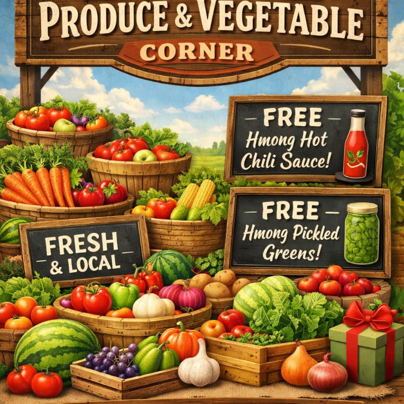 Baskets overflowing with fresh produce like watermelons, tomatoes, carrots, and pumpkins are displayed in front of a wooden sign for "PRODUCE & VEGETABLE CORNER" with promotional signs for free chili sauce and pickled greens, set against a backdrop of a sunny sky and green fields.