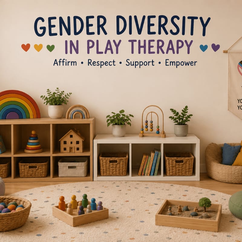 A brightly lit playroom with children's toys and books on shelves in the background, and a colorful rug with wooden toys in the foreground, features the text "GENDER DIVERSITY IN PLAY THERAPY" prominently displayed on the wall.