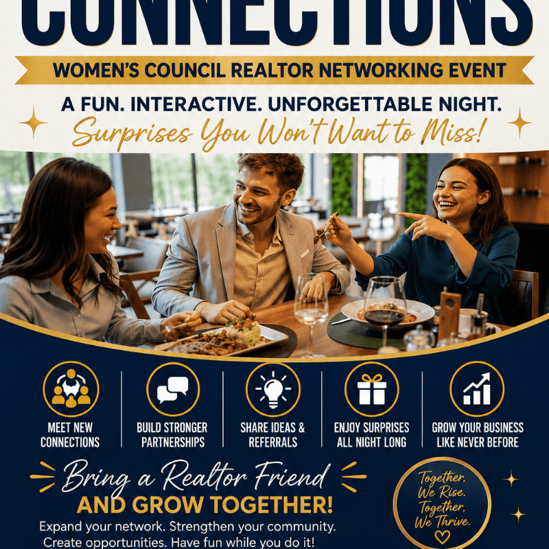 Three smiling people are seated at a table in the foreground, while the background features text promoting a Women's Council Realtor Networking Event.