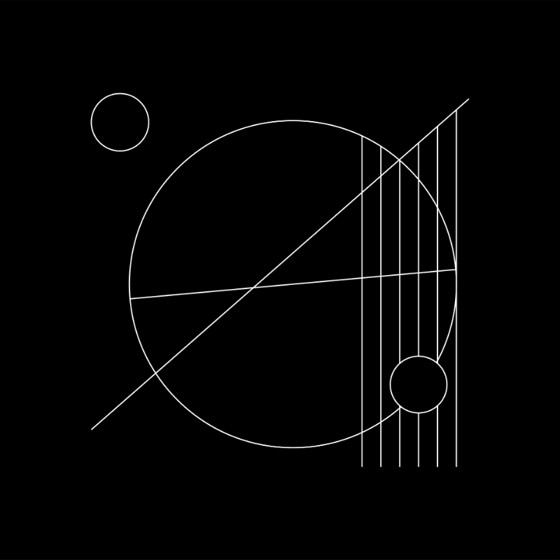 A minimalist abstract design features a large circle intersected by lines and smaller circles against a black background.