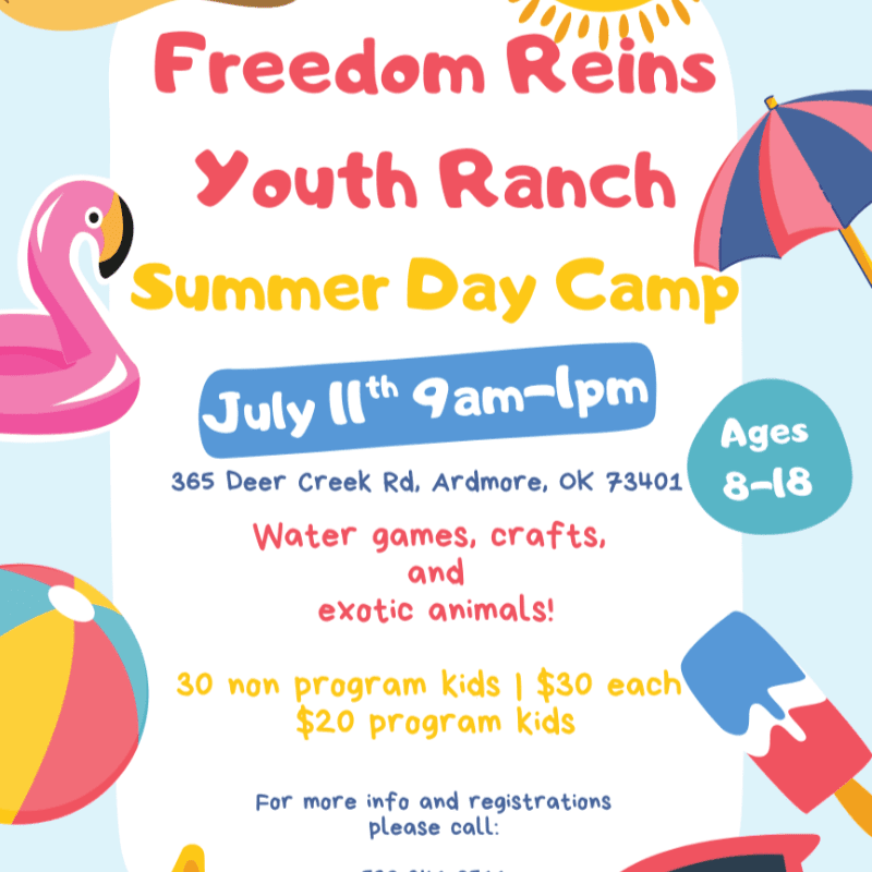 A pink flamingo, a beach ball, and a popsicle are in the foreground, while the background features text advertising a summer day camp.