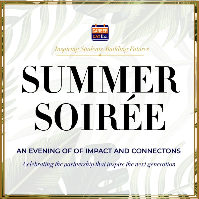 A "Summer Soirée" event is advertised with tropical foliage in the background and event details in the foreground.