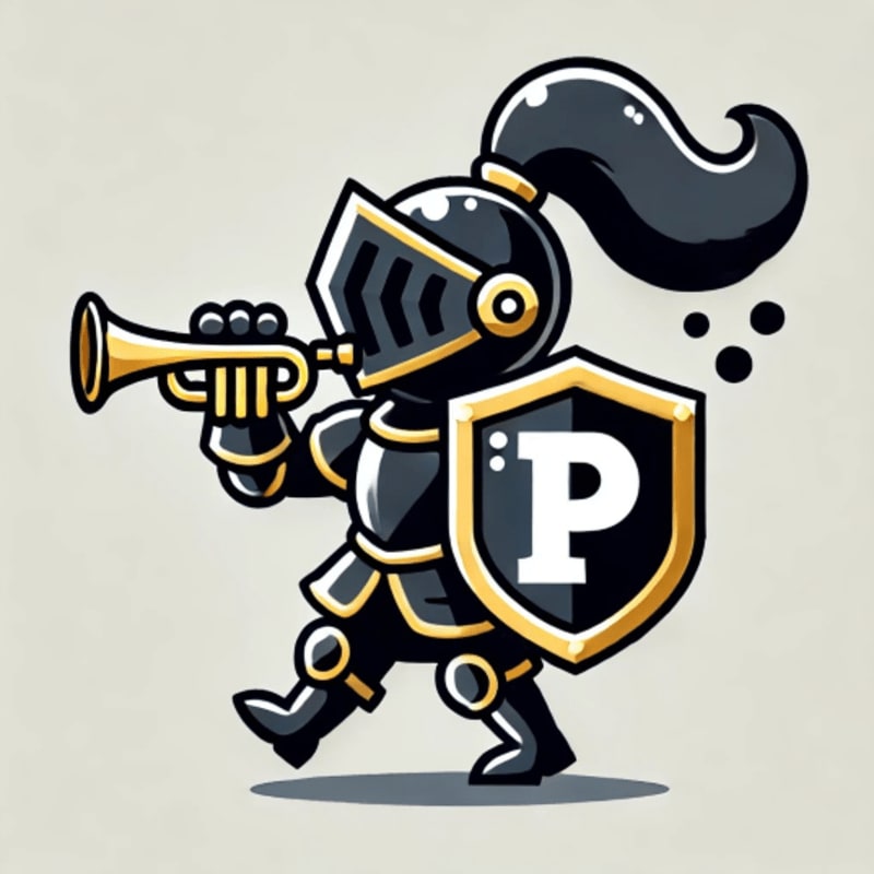 A cartoon knight in black armor with a golden shield bearing a white "P" plays a golden trumpet against a plain, light background.