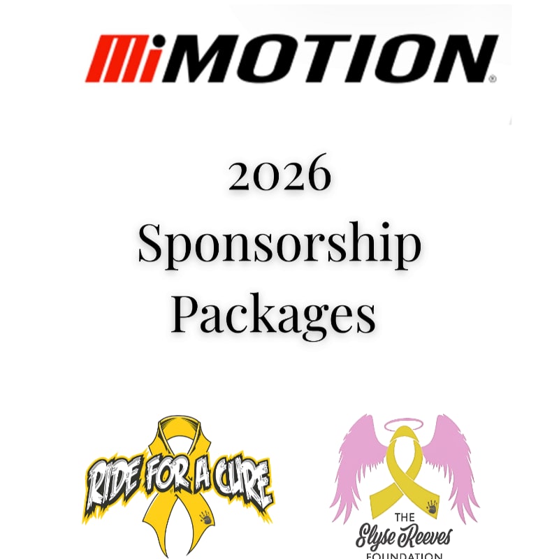 In the foreground, two yellow ribbons are displayed, one with the text "RIDE FOR A CURE" and the other with "THE SLYSE REEVES FOUNDATION" and angel wings, while the background features the "MiMOTION" logo and "2026 Sponsorship Packages" text.