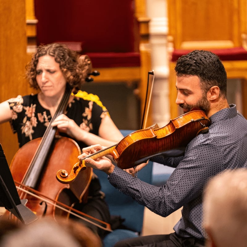 A man plays the violin in the foreground while a woman plays the cello in the background, with blurred audience members in the lower foreground and ornate wooden chairs in the background.
