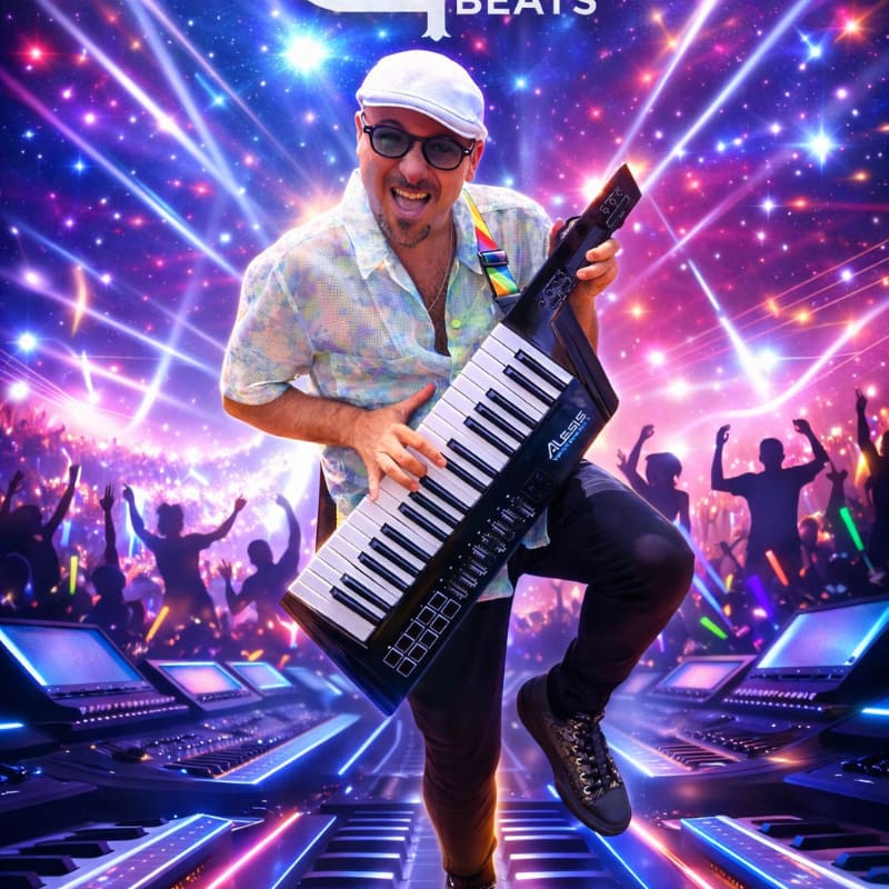 A man in a white cap and colorful shirt plays a keytar with a cheering crowd and vibrant lights in the background.