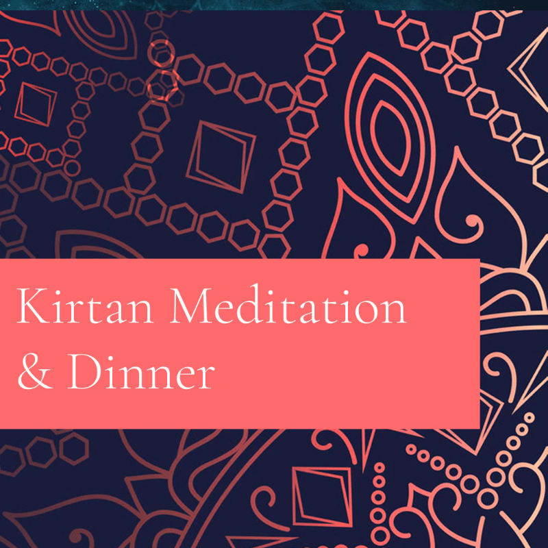 A coral-colored rectangle with "Kirtan Meditation & Dinner" written in white text is overlaid on a dark blue background with intricate, repeating paisley and geometric patterns in shades of coral and gold.