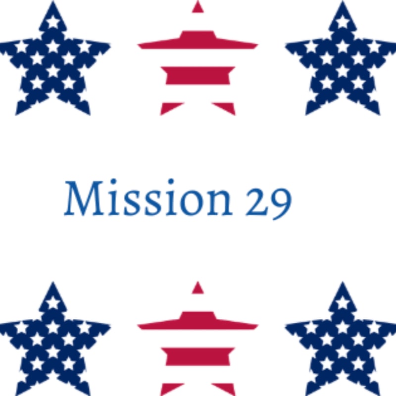 Six stars, three patterned with the American flag and three with red and white stripes, surround the text "Mission 29" on a white background.