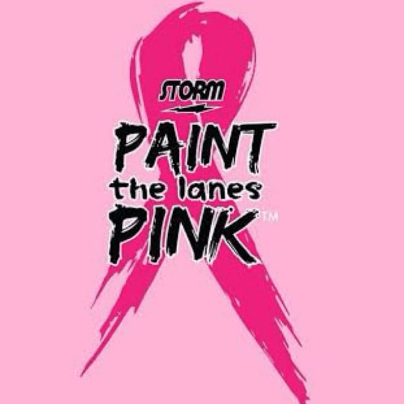 A bright pink ribbon with the words "STORM PAINT the lanes PINK" is set against a solid pink background.