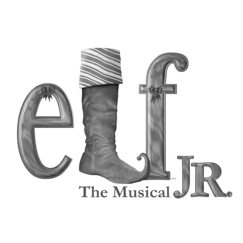 A single elf boot with a striped cuff stands in place of the letter 'l' in the title "elf JR. The Musical," set against a plain background.