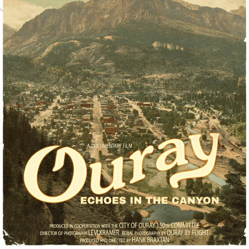 A vintage-style poster for a documentary about Ouray, Colorado, features a bird's-eye view of the town nestled in a canyon with mountains in the background.