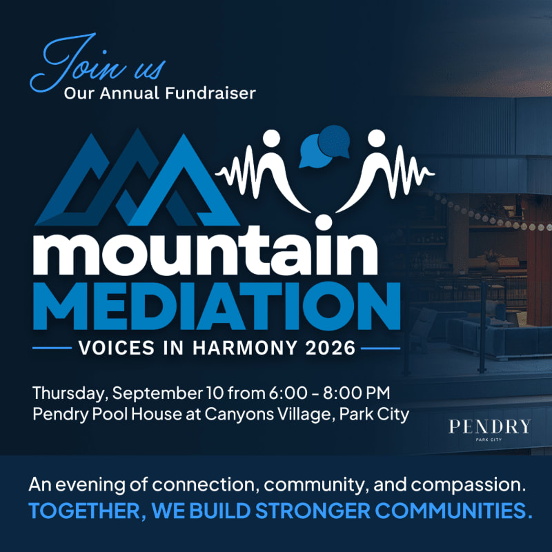A dark blue background frames an invitation for "Mountain Mediation: Voices in Harmony 2026" with event details in the foreground and a blurred building in the background.
