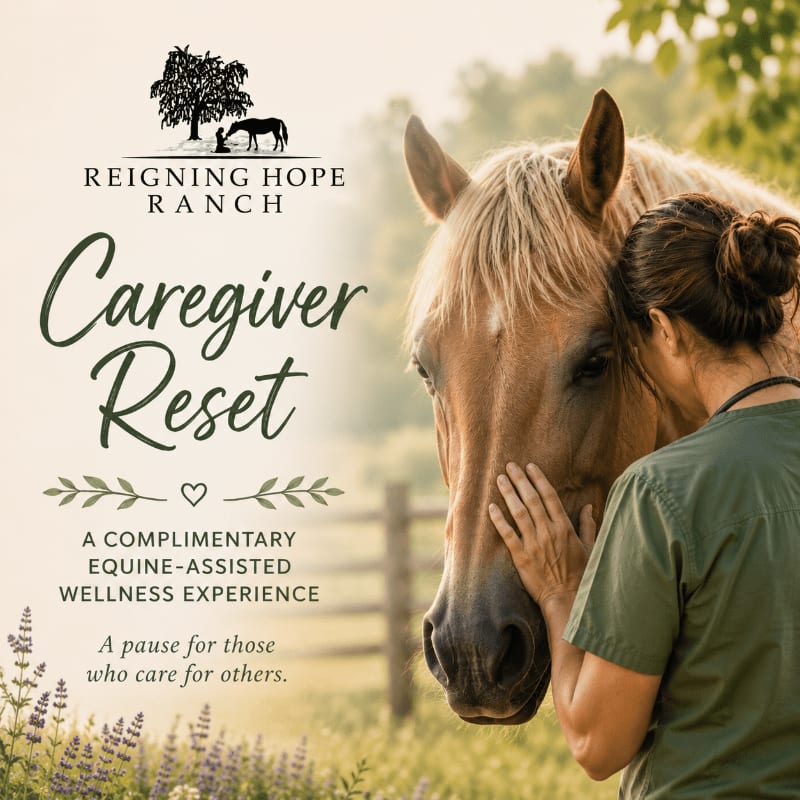 A woman in scrubs gently touches a horse's face in the foreground, with a ranch logo and text about a "Caregiver Reset" wellness experience in the background.
