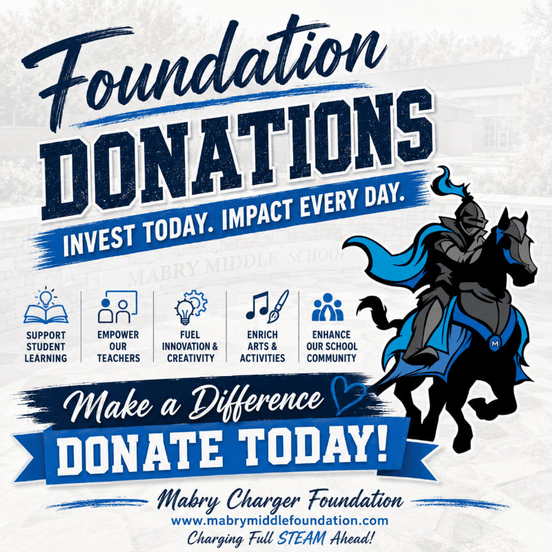 A knight on horseback charges forward in the foreground, with a banner promoting foundation donations and school icons in the middle ground, set against a blurred background of a school building and trees.