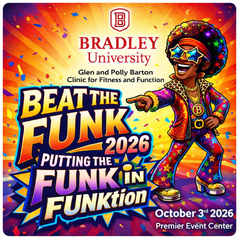 A man in a colorful disco outfit points to the "Beat the Funk 2026" text against a background of confetti and a spotlight.