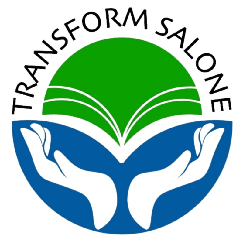 Two cupped white hands in the foreground are cradling an open green book with the words "TRANSFORM SALONE" arching above it.