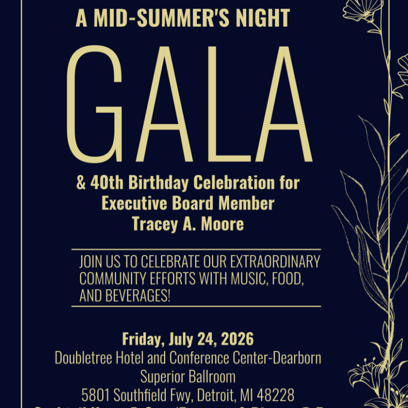 A dark blue invitation for a "Mid-Summer's Night Gala" and 40th birthday celebration for Tracey A. Moore is adorned with delicate gold floral illustrations on the right side.