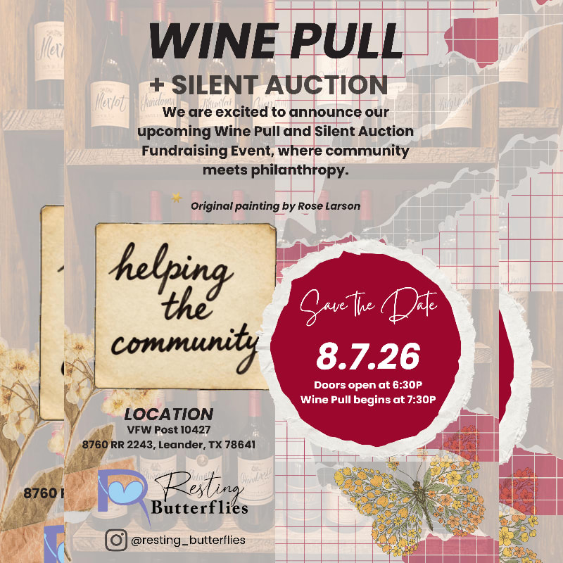 In the foreground, a torn red circle announces "Save the Date 8.7.26" with event details, while a painting reads "helping the community" and a butterfly rests on a collage of wine bottles and a grid pattern in the background.