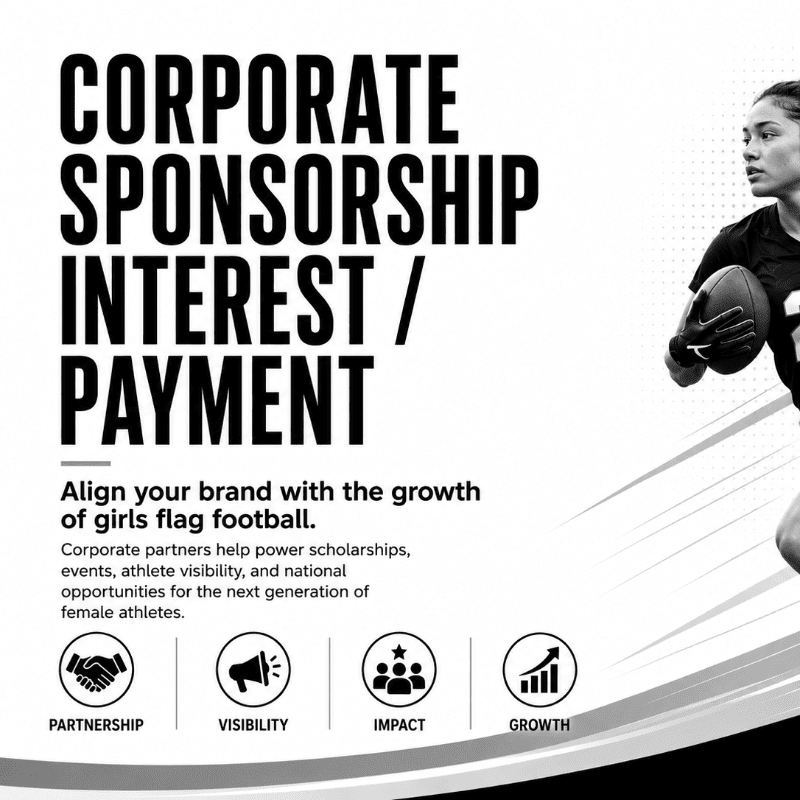Bold black text about corporate sponsorship interest and payment is overlaid on a white background, with a female football player in the foreground and four circular icons at the bottom.