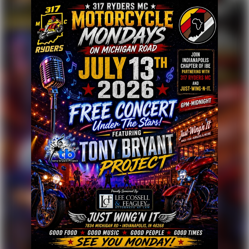 A vibrant concert poster for "Motorcycle Mondays" featuring Tony Bryant Project, with motorcycles in the foreground and a starry night sky with stage lights in the background.