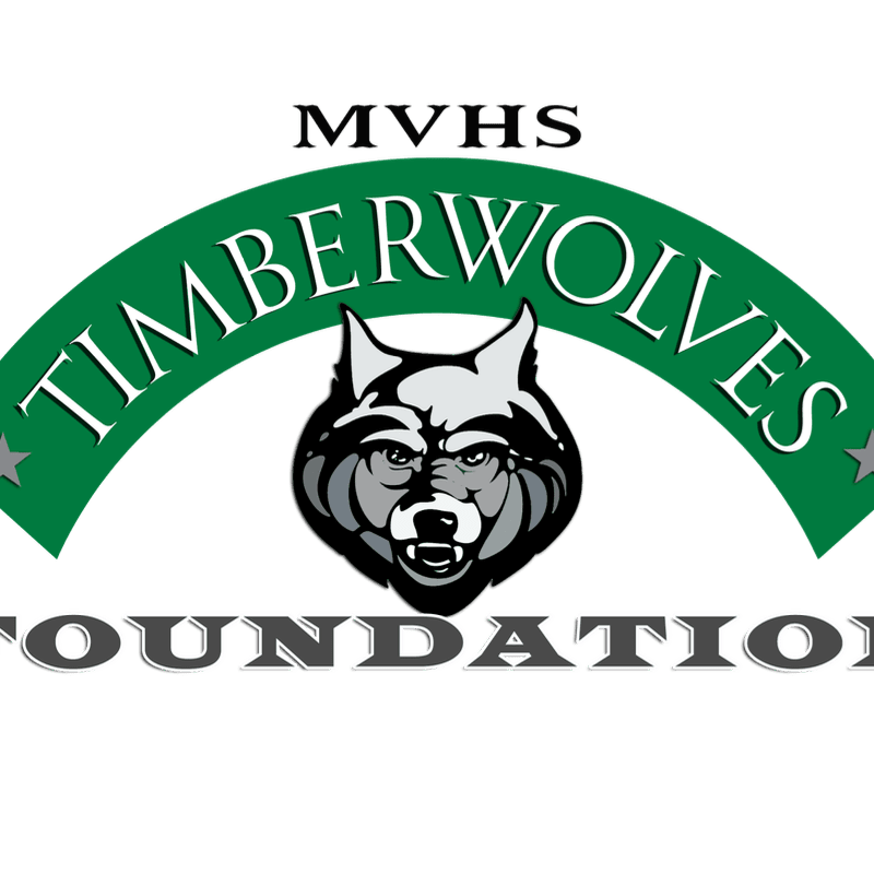 A fierce wolf's head is centered in the foreground, with the words "MVHS TIMBERWOLVES FOUNDATION" arching above and below it against a white background.