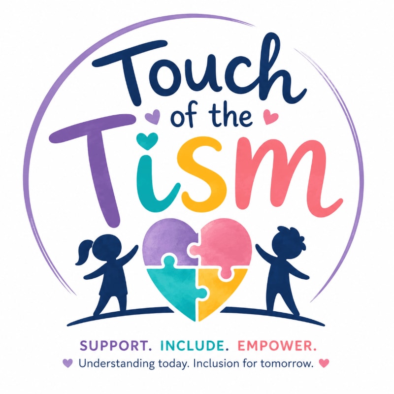 Two silhouetted children hold up a heart-shaped puzzle with the words "Touch of the Tism" above it, all within a purple circle against a white background.