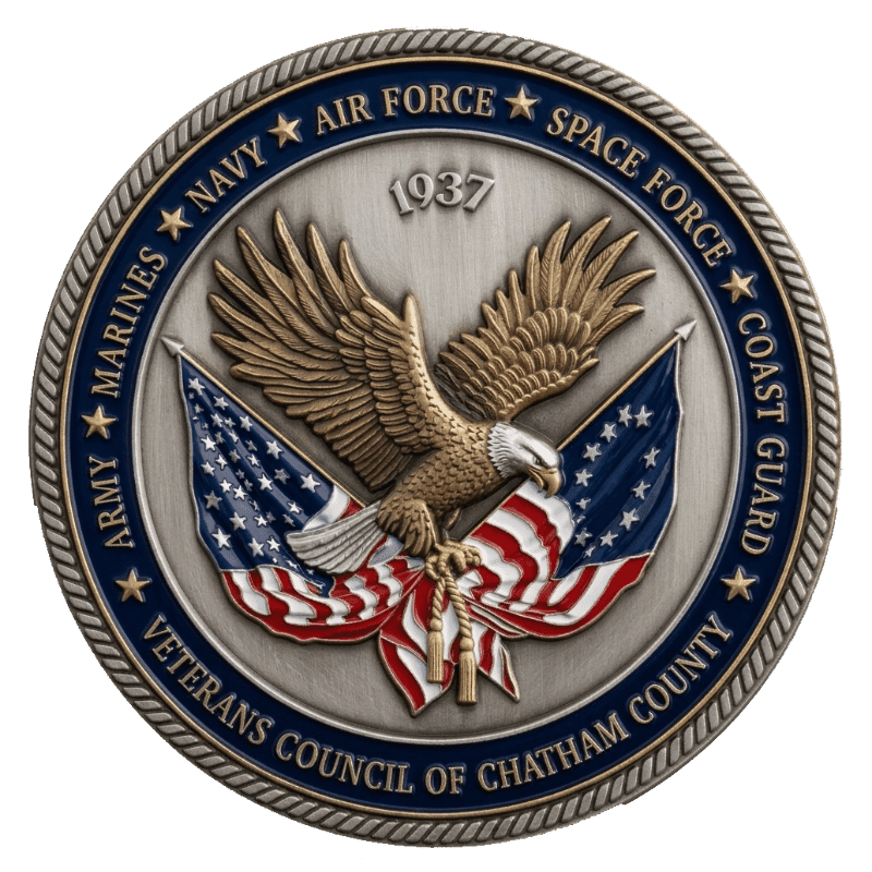A detailed silver coin features an eagle with outstretched wings perched on American flags in the foreground, while the background displays the words "ARMY MARINES NAVY AIR FORCE SPACE FORCE COAST GUARD VETERANS COUNCIL OF CHATHAM COUNTY" and the year "1937" in a circular pattern.